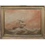 N Pocock. A signed watercolour - 19th Century masted ships on a stormy sea, framed and glazed - 18