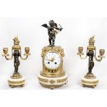 A 19th Century French mantel clock with white enamel dial, in a white marble case with bronze