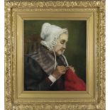 R. Drummond. Oils on canvas depicting an old lady knitting, framed - 18in. x 16in.