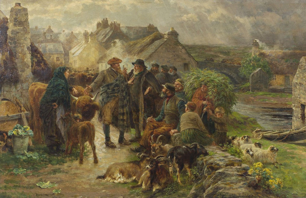 Charles Adams. Oils on board entitled The Highland Cattle Market, framed - 18in. x 28in. - Image 3 of 3