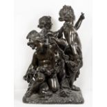 A bronze group of two cupids and a classical maiden holding a bow, on square base - 23in. high