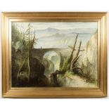 A late 19th Century large pottery tile painted by and signed W Yale depicting a gorge scene with