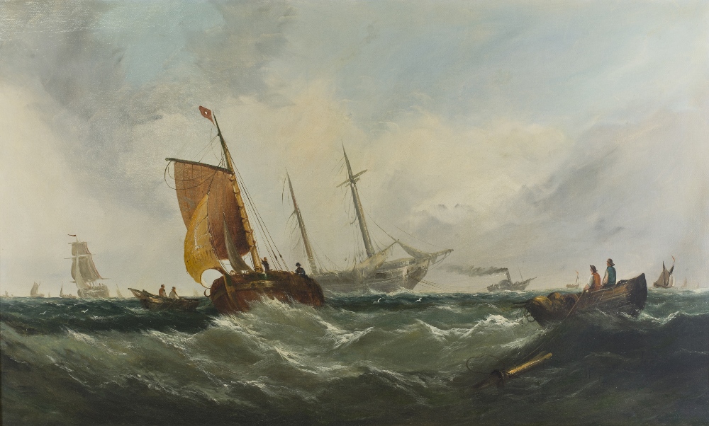 William A Knell R.A. Oils on canvas depicting a disabled ship being towed into port, gilt framed - - Image 6 of 6