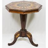 A Victorian rosewood occasional table with octagonal folding top inlaid with flowers and sunburst,