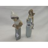 Two Lladro figures of a girl with a rooster and a girl in evening dress - 8in. high