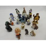A collection of miniature items including pin cushion dolls, figures, vases etc..