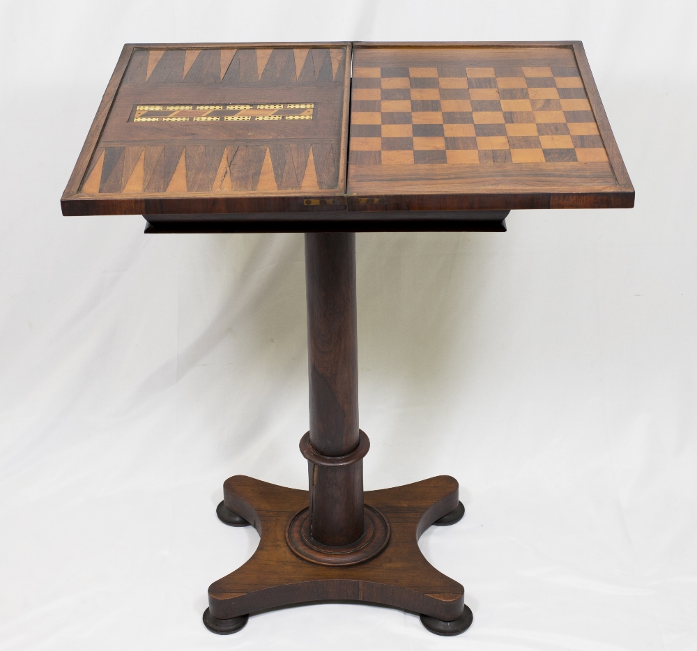 A Victorian rosewood games table with rectangular folding top enclosing chess, backgammon and - Image 2 of 2