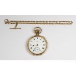 A gentleman's Waltham pocket watch with white enamel dial, seconds dial, in a gold plated case and a