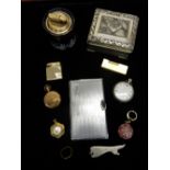 A lady's fob watch in a gold plated case, a gentleman's Limit pocket watch, cigarette box, lighters,