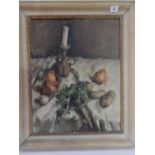 Oils on board - Still life of vegetables and a candle, framed - 19in. x 15in. and a print on