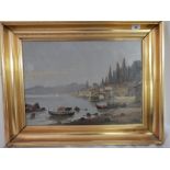 F. Lund. A signed oil on canvas - Venetian lake scene with fishing boats and town in the foreground,