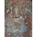 A Le Roman De La Rose machine made wall hanging depicting medieval lady and gentleman together