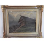 An oil on board - Swiss chalet under a cloudy sky, framed - 14in. x 17in. and an oil on board -