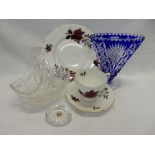 A Colclough tea service decorated roses, a small Japanese Imari pin tray, a blue flashed vase fan