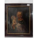 An oil on canvas - Male figure holding a child, framed - 13 1/2in. x 11in.