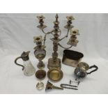 Plate comprising:- four branch candelabra, bottle coaster, dishes, wine funnel, knife rests, holder,