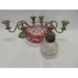 A Waterford ruby flashed fruit bowl, boxed, a Venetian ruby vase, a silver mounted spherical glass