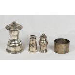 A silver pepperette in the form of a milk churn, one other, a napkin ring and an Elkington silver