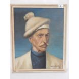 Peter Broughal. Oils on board entitled Arainneach depicting a gentleman in a white tam o'shanter,