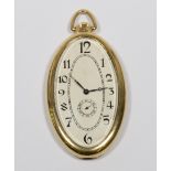 A pocket watch with oval dial, seconds dial, in a gold coloured metal case