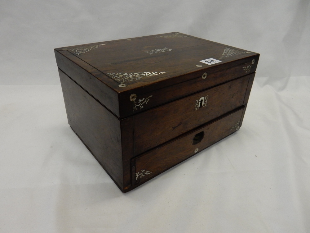 A 19th Century rosewood and mother of pearl inlaid sewing box, the base with drawer fitted black and - Image 2 of 2