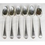 A set of six George III silver dessert spoons with engraved decoration - London 1789, makers mark