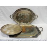 A large rectangular silver plated tray, a Victorian silver plated oval tray with key pattern and