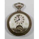 A Hebdomas eight day pocket watch with white enamel dial, in a plated case, the back with repousse