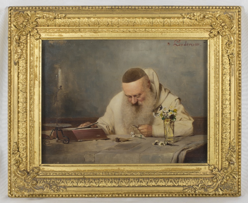 R. Linderum. A signed oil on panel depicting a monk seated at a table studying flowers, a candle