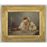 R. Linderum. A signed oil on panel depicting a monk seated at a table studying flowers, a candle