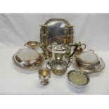 Plate comprising:- two oval entree dishes, pair of candlesticks, square tray, small Guernsey jug,