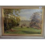 Ellen Vernon. Oils on canvas - Country house with a lady and deck chair in the garden, framed, -