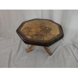 A Mitchell and Alice Cleal oak octagonal side table with leather top decorated dragonfly over