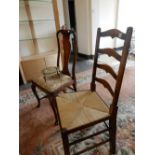 A Georgian mahogany framed dining chair, a beech framed chair with ladder back and rush seat and a