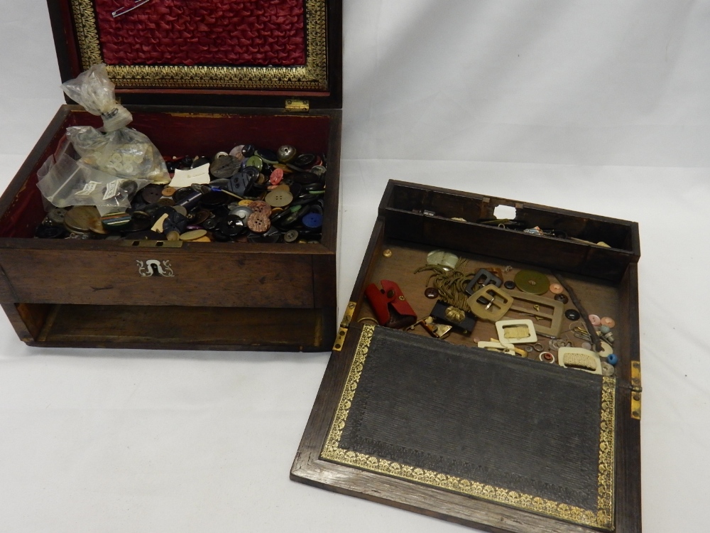 A 19th Century rosewood and mother of pearl inlaid sewing box, the base with drawer fitted black and