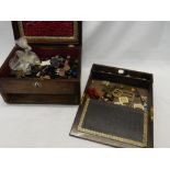 A 19th Century rosewood and mother of pearl inlaid sewing box, the base with drawer fitted black and