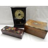 A Victorian rosewood sewing box, a Japanese red lacquered glove box and an American wall clock in