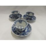 Three Chinese blue and white tea bowls and stands decorated flowers