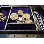 A 19th Century leather covered jewellery box containing two gold plated watch fob seals, four