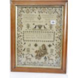 An early 19th Century sampler by Maria Ellery aged 14 worked in crossstitch to alphabet, verse,