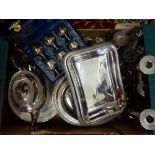 A selection of silver plated items including two pairs of candlesticks, rectangular and oval