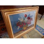 A standard lamp and an embroidered panel - Still life of red poppies, framed and glazed - 30in. x