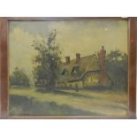 Waal. Oils on canvas - Cottage scene, framed - 26in. x 21in. and a Dutch coloured print of children,