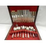 A modern canteen of Falstaff plated flatware, a hammered pewter tray, basket and two models of