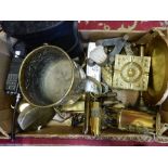 A selection of brassware including a miners lamp, coffee pot, inkstand, trivet, brass gong on an oak