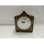 A mantel clock with white enamel dial, in a green Chinoiserie decorated case, on pill feet - 5 3/