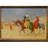 Oils on canvas - Desert scene with Arab figures on horseback, framed - 23in. x 16in.