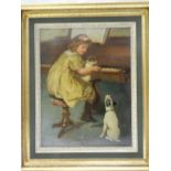 Oils on artists board - Young girl seated at a piano with a Jack Russell on her lap, a Jack