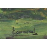 Commonal. Two oils on artists board - Swiss mountain village scene, in a limed oak frame - 24in. x