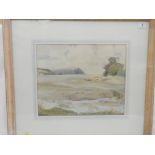 Greta Ward. A watercolour - Coastal scene, framed and glazed, two other watercolours, a print and